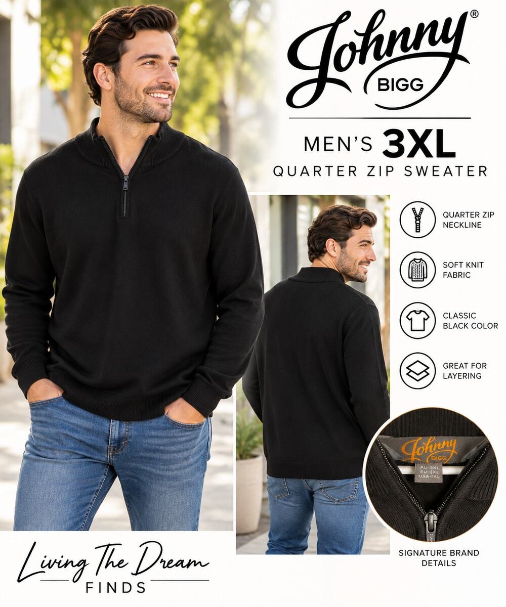 Johnny Bigg Men’s 3XL Black Quarter Zip Knit Sweater Pullover Long Sleeve